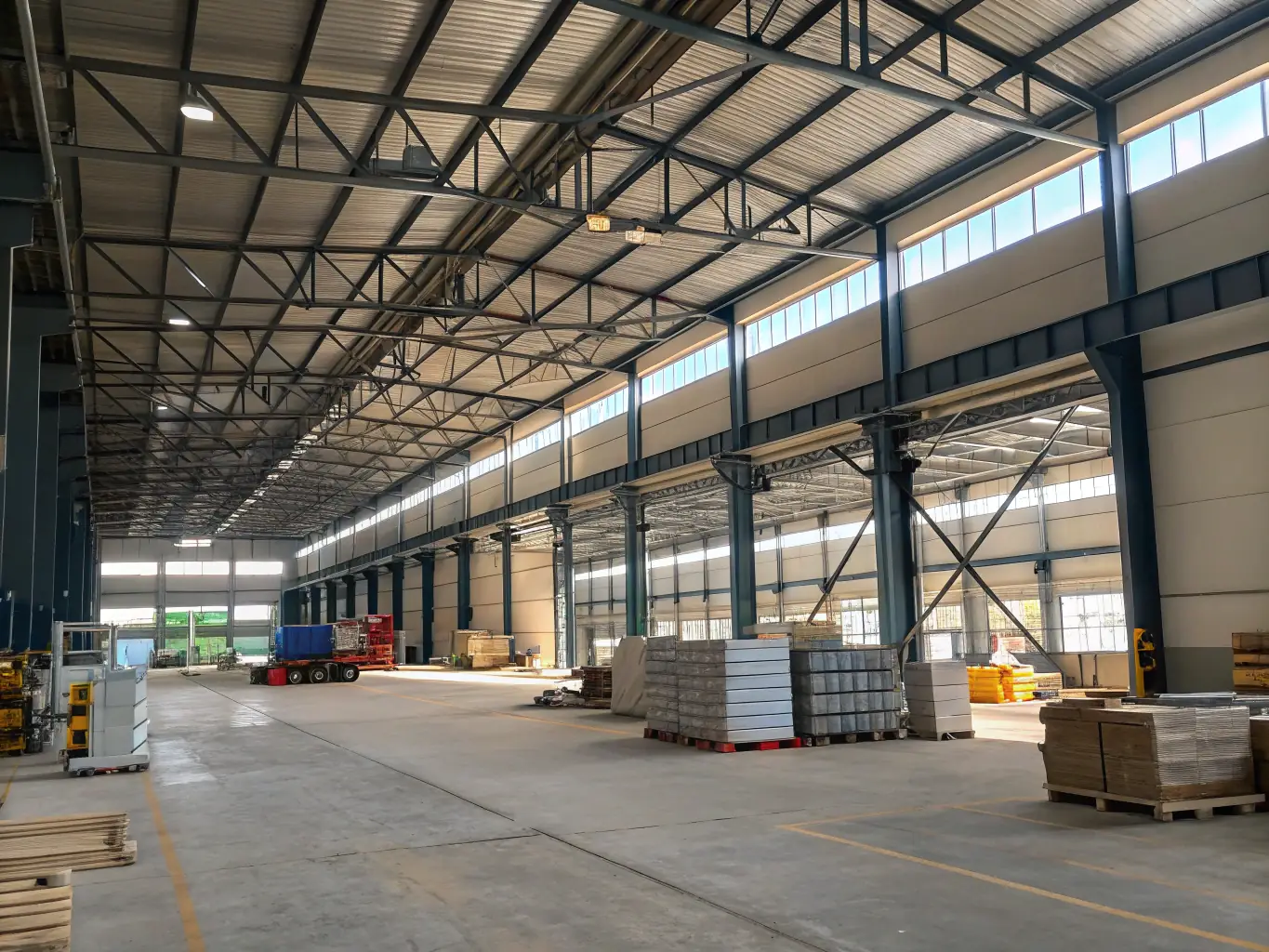 A wide shot of a completed industrial storage solution made of heavy-duty metal, showcasing its robust construction and practical design in an industrial setting.