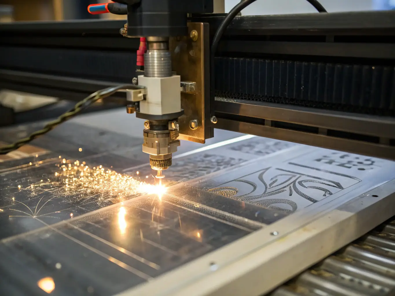 A close-up of a CNC laser cutting machine precisely cutting intricate designs into a sheet of aluminum, highlighting the advanced technology used in fabrication.